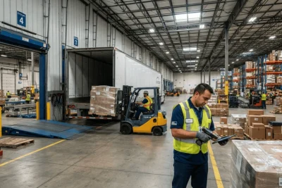 Proceso de recepción de mercancías en un almacén logístico moderno.