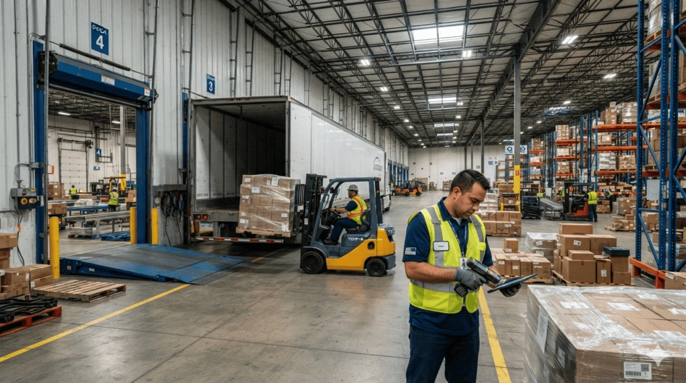 Proceso de recepción de mercancías en un almacén logístico moderno.