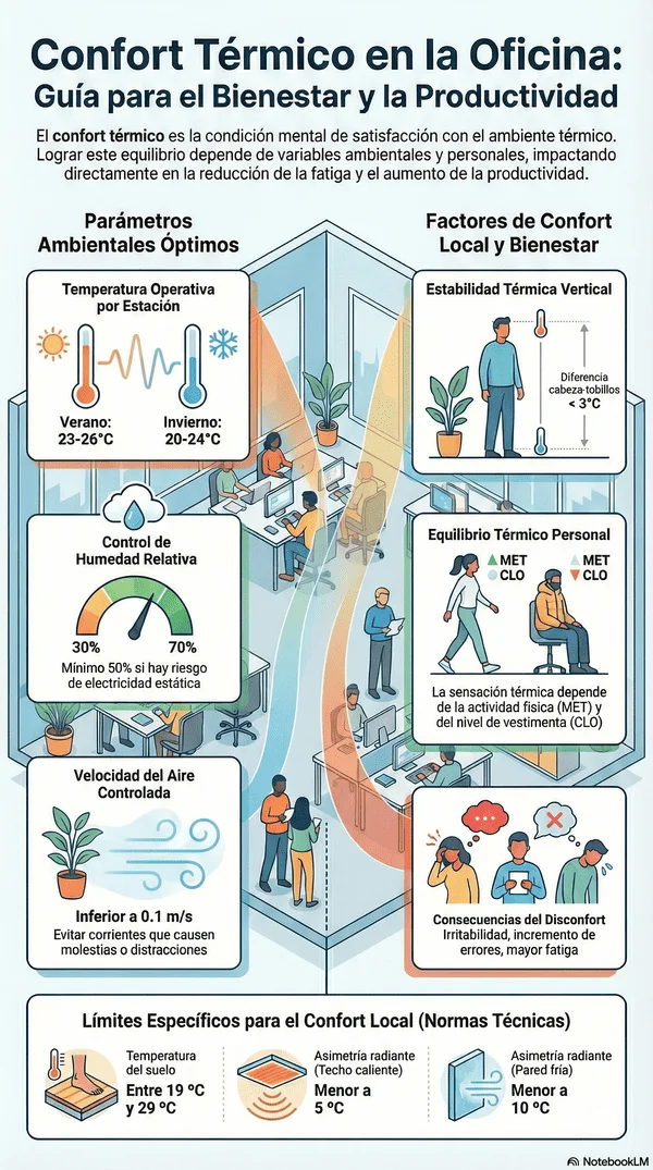 Infografía sobre temperatura ideal en el trabajo y confort térmico en oficinas